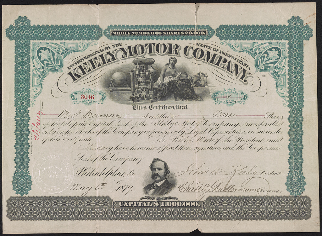 Engraved 1879 Keely Motor Company stock certificate